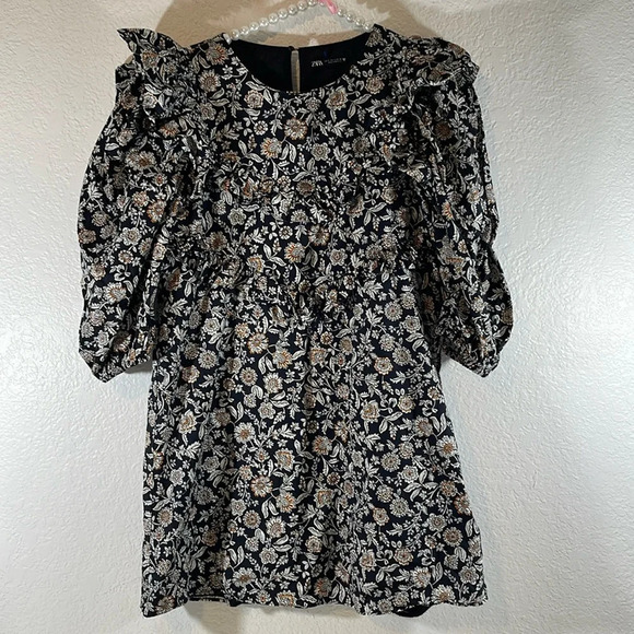 ZARA Black White Printed Floral Ruffle Mini Dress Size Small - Picture 3 of 16